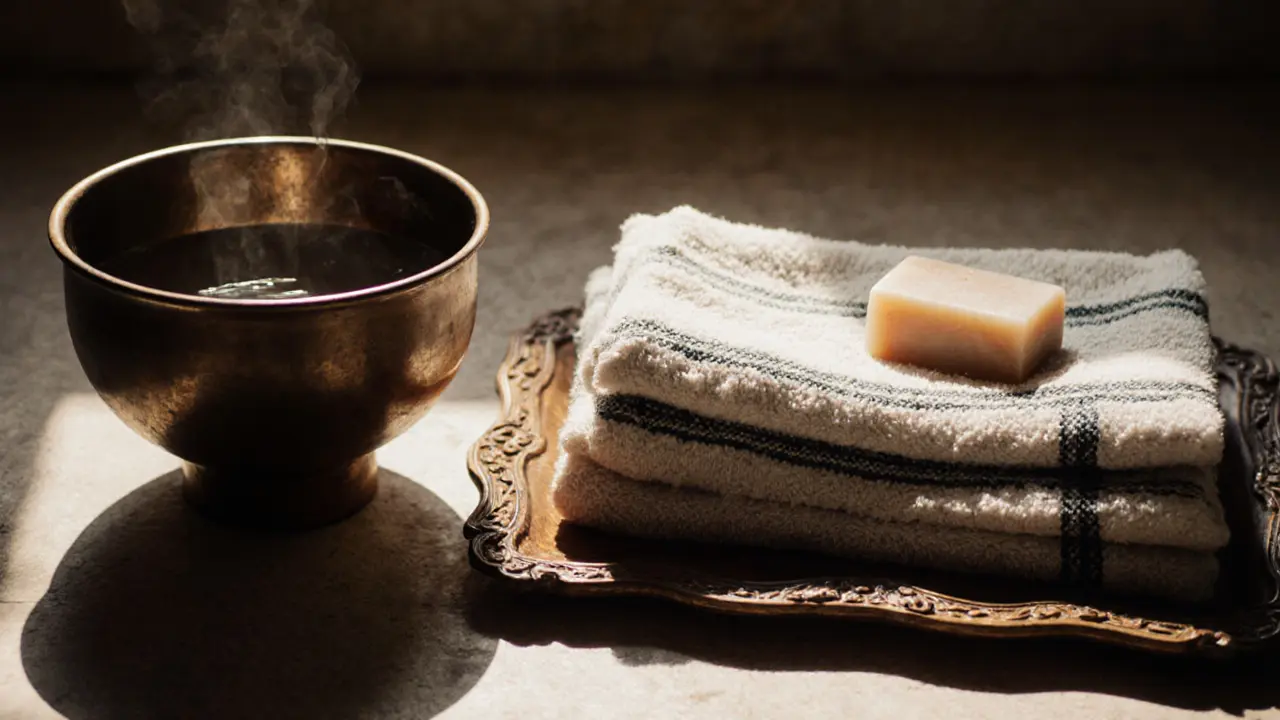 A folded peştemal towel and olive soap on a wooden tray.