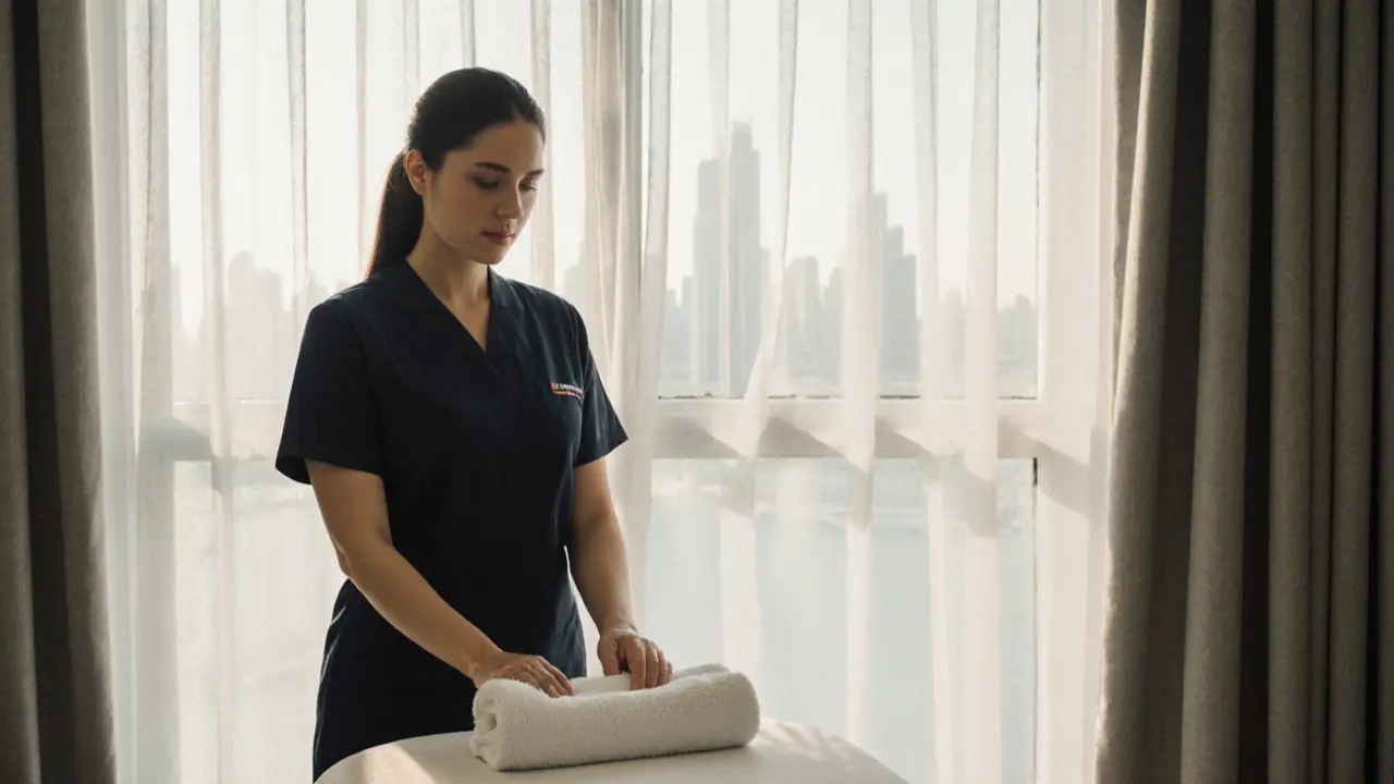 A licensed therapist washing hands before a massage session in a clean clinic.