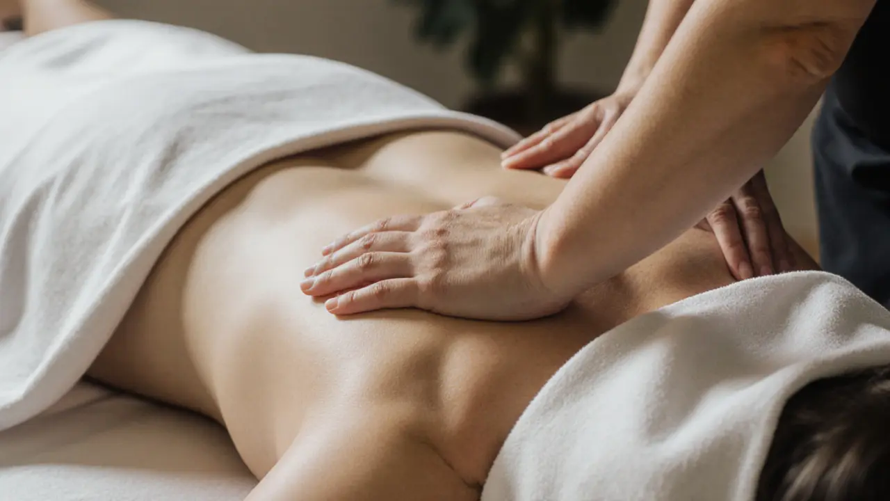 A massage drape properly covering the hips to ensure modesty during treatment.