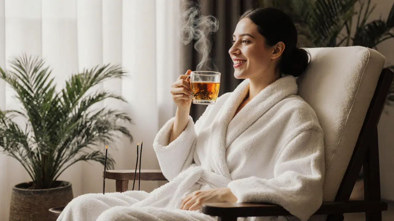 A person in a robe sipping herbal tea after a massage, smiling calmly.