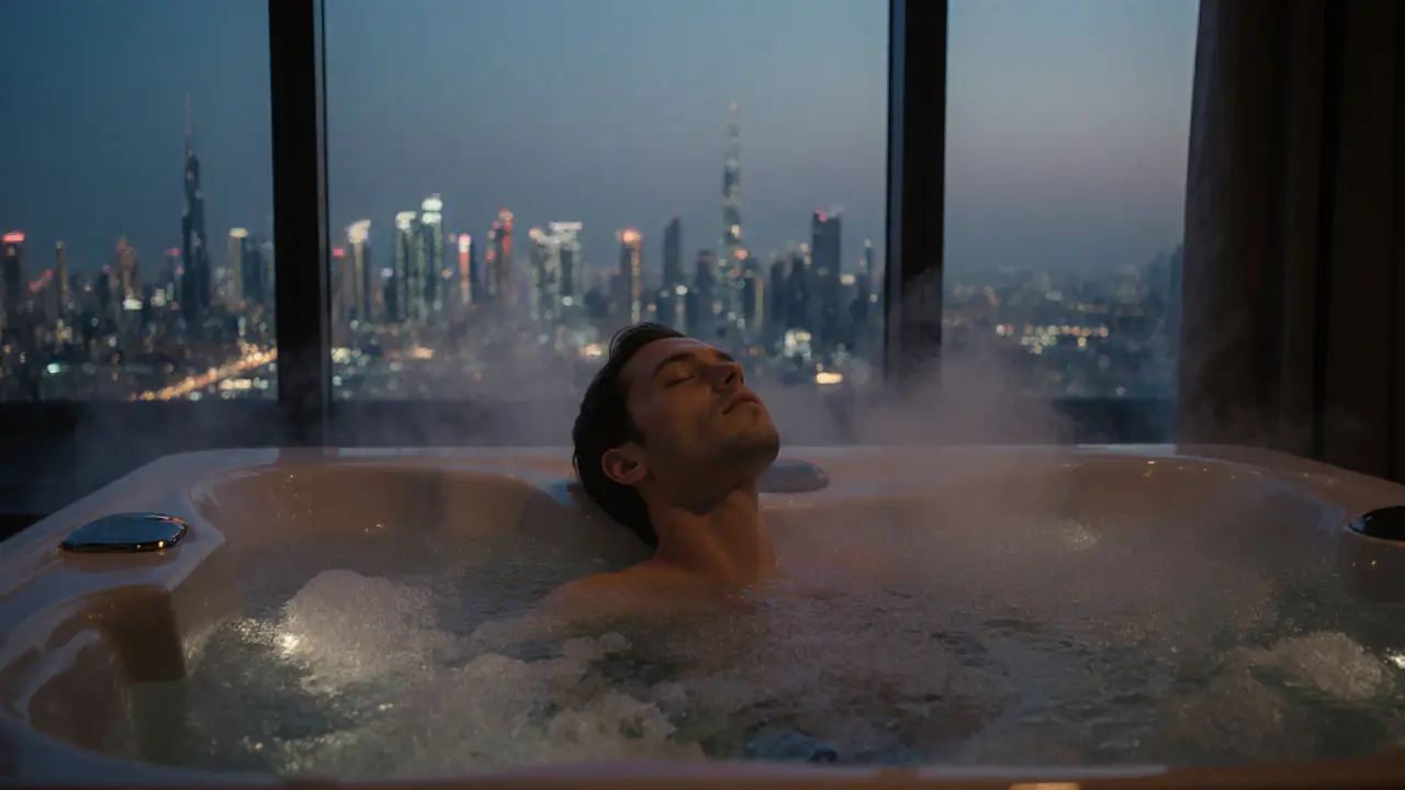 A person quietly soaking in a private hot tub with the Dubai skyline visible in the background.