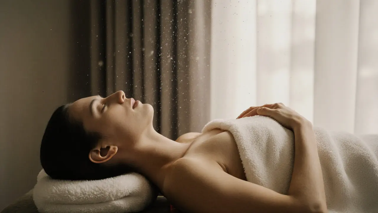 A person relaxed on a heated stone table, covered in a towel, eyes closed in deep calm.