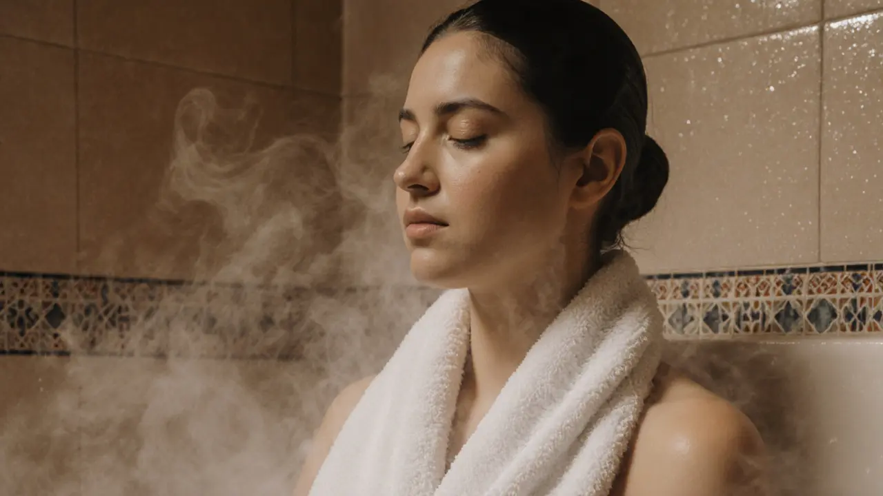 A person relaxing in a steam room, wrapped in a towel, surrounded by mist.
