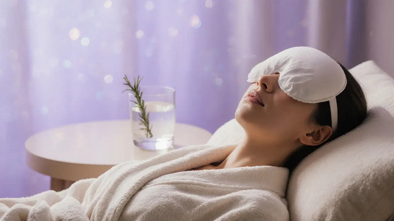 A person resting peacefully after a massage, eyes closed, wrapped in a robe with a heated eye pillow.