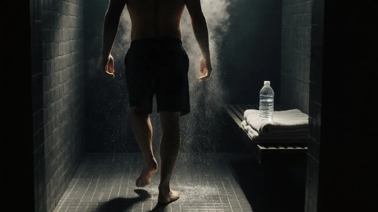 A person stepping out of a sauna into a cool shower, steam rising from their skin, towel and water nearby.