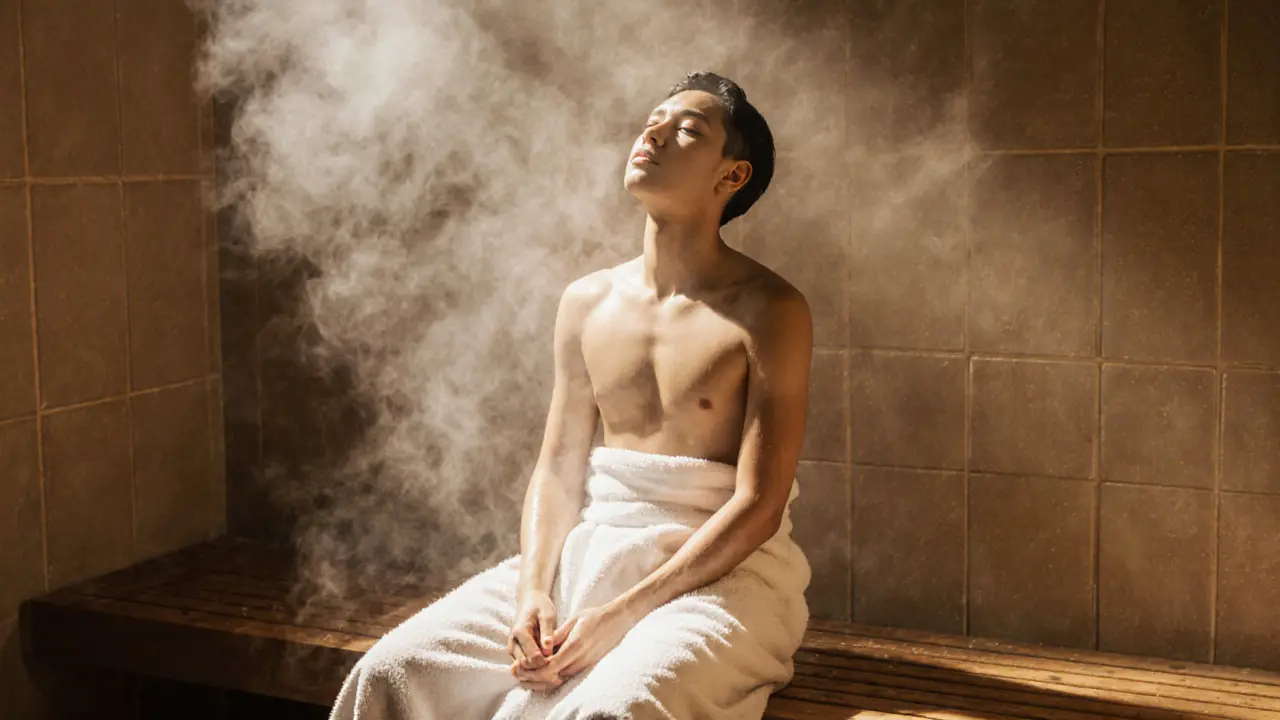 A person wrapped in a white towel sits calmly in a steam room, eyes closed, as steam rises around them.