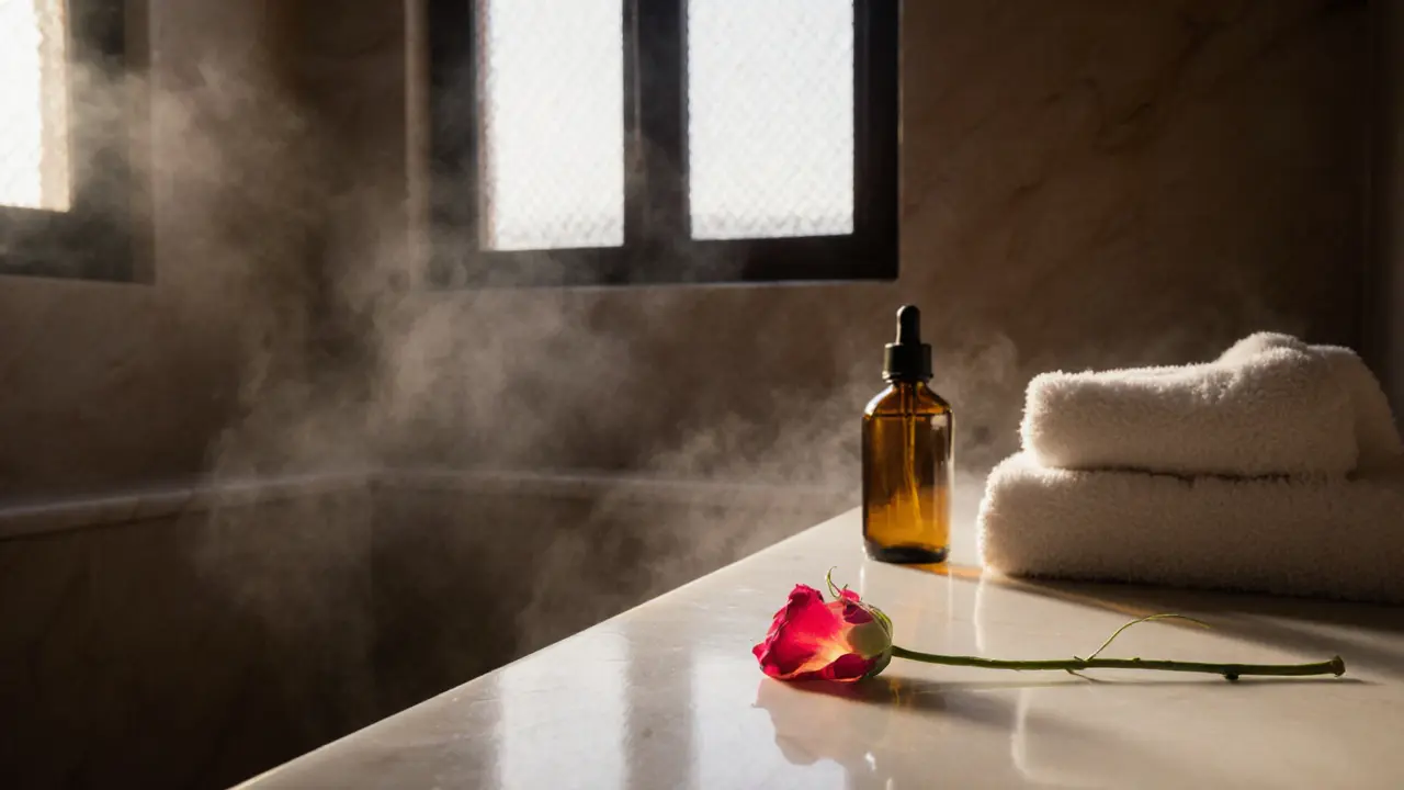A single rose petal lies on a marble slab in an empty hammam, symbolizing the ritual&#039;s purity and stillness.