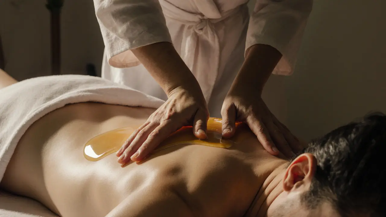 A therapist's back glides gently over a client's spine during a body slide session, with oil shimmering and full draping for privacy and comfort.