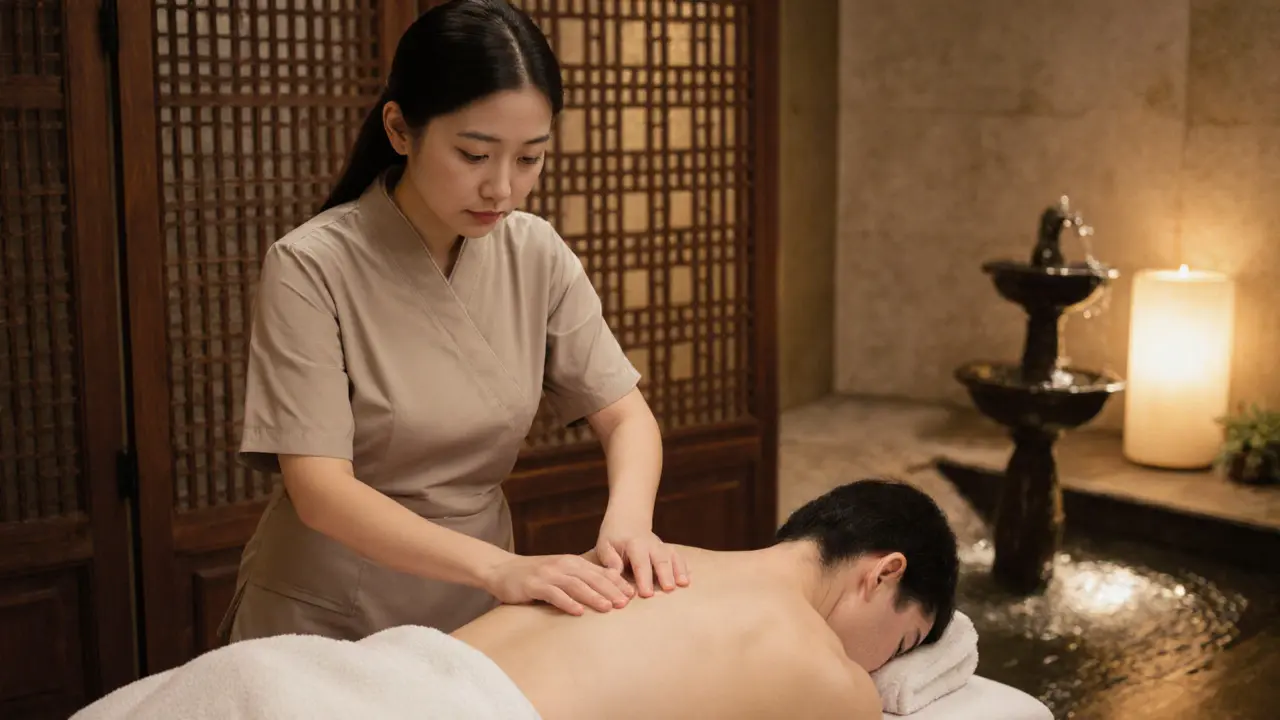 A therapist carefully adjusts a towel over a client&#039;s back using proper draping technique.