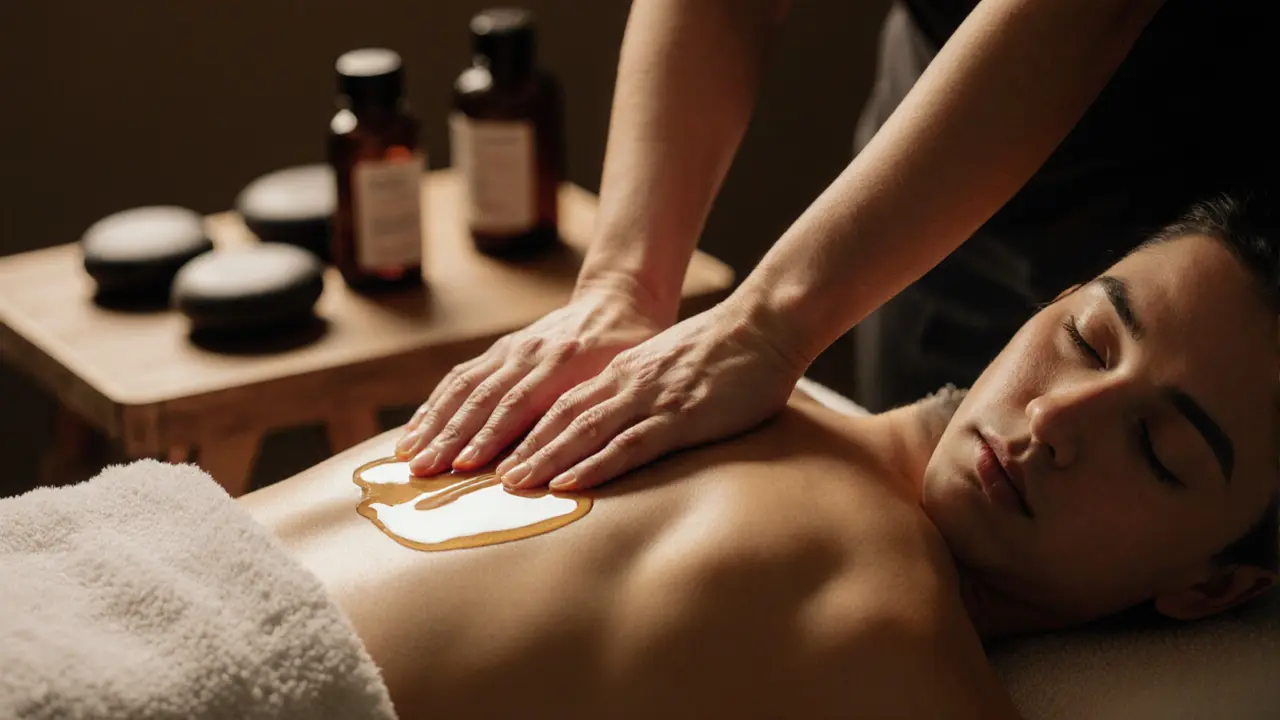 A therapist giving a full body massage with gentle hand pressure on a client&#039;s back.
