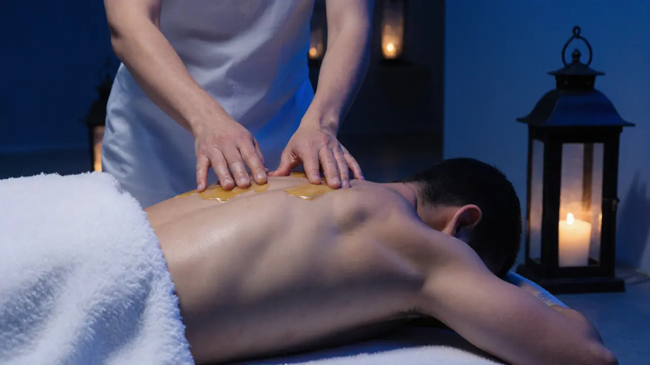 A therapist massaging a client&#039;s back with a sheet covering the body, oil glistening on skin.