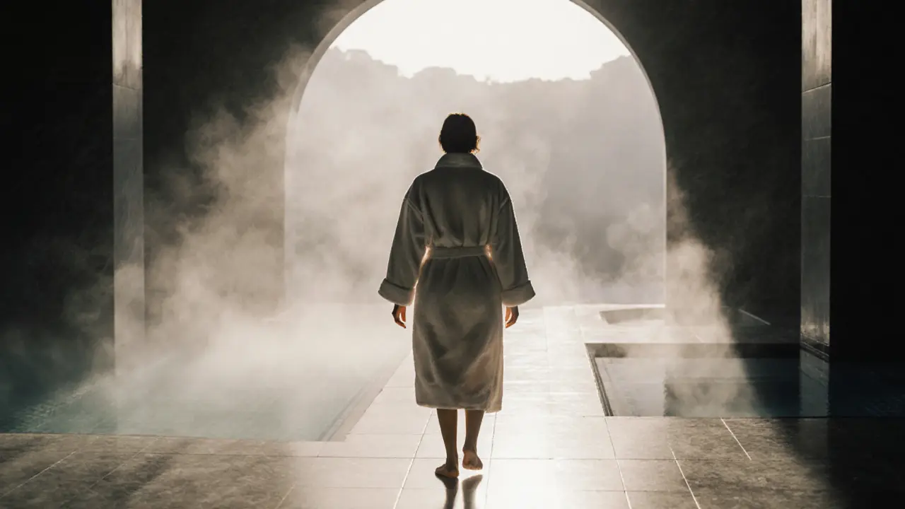 A woman in a spa robe walking barefoot on marble tiles with steam rising behind her.