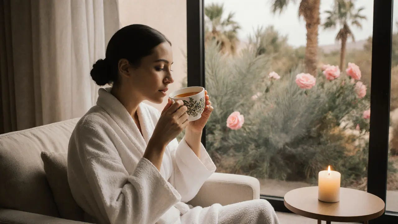 A woman relaxes in a spa robe, sipping tea in a quiet lounge with natural light and plants.