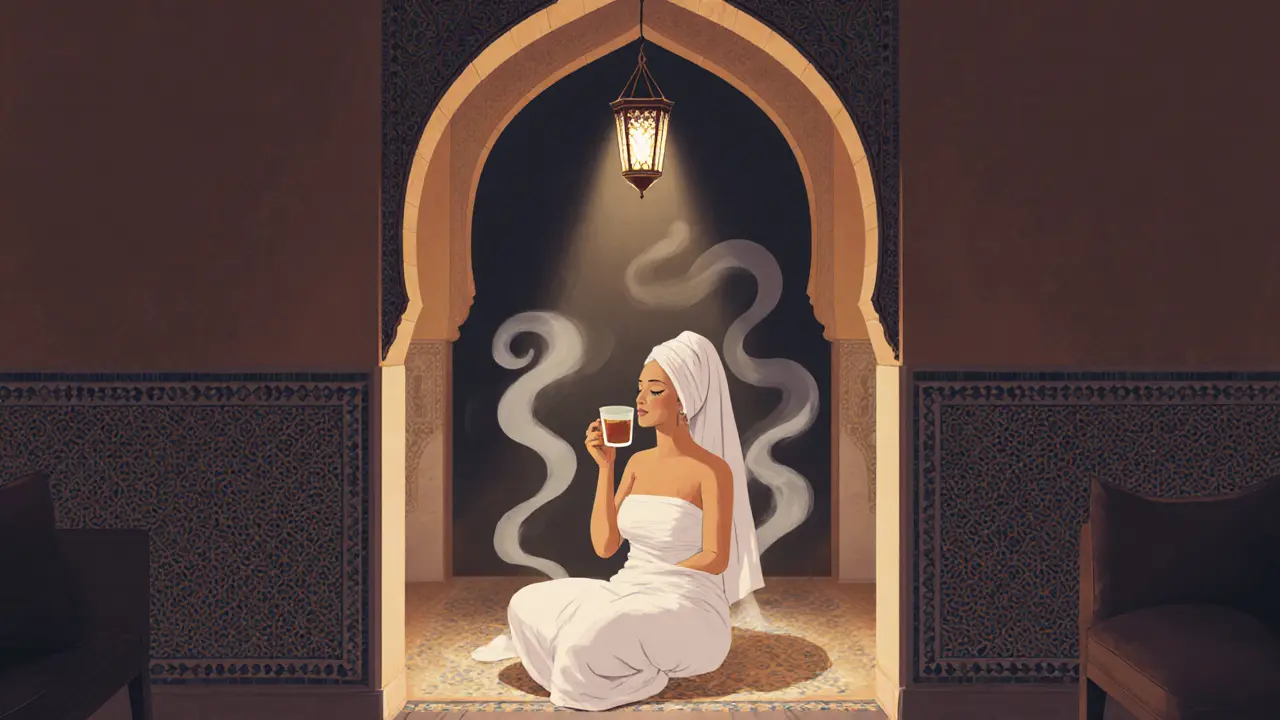 A woman sits alone in a quiet hammam lounge, sipping mint tea in peaceful solitude after her bath.