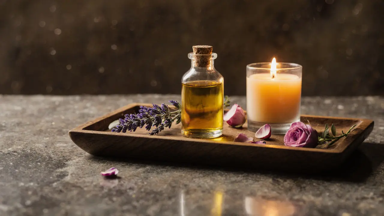 A wooden tray with aromatic oils, lavender, and a glowing candle.