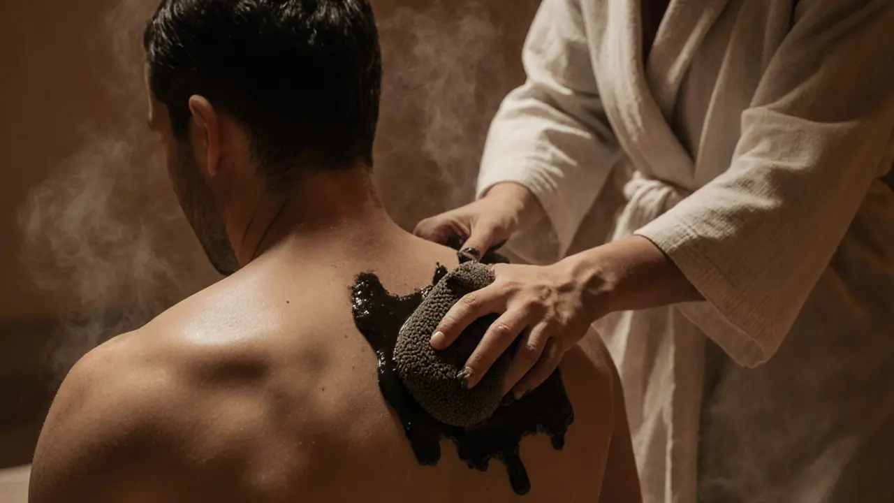 An attendant scrubbing a guest&#039;s back with a kessa glove in a warm steam room.