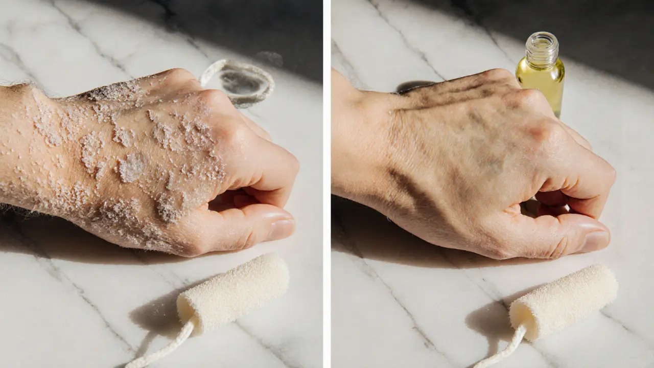 Before-and-after comparison of dull versus glowing skin after exfoliation