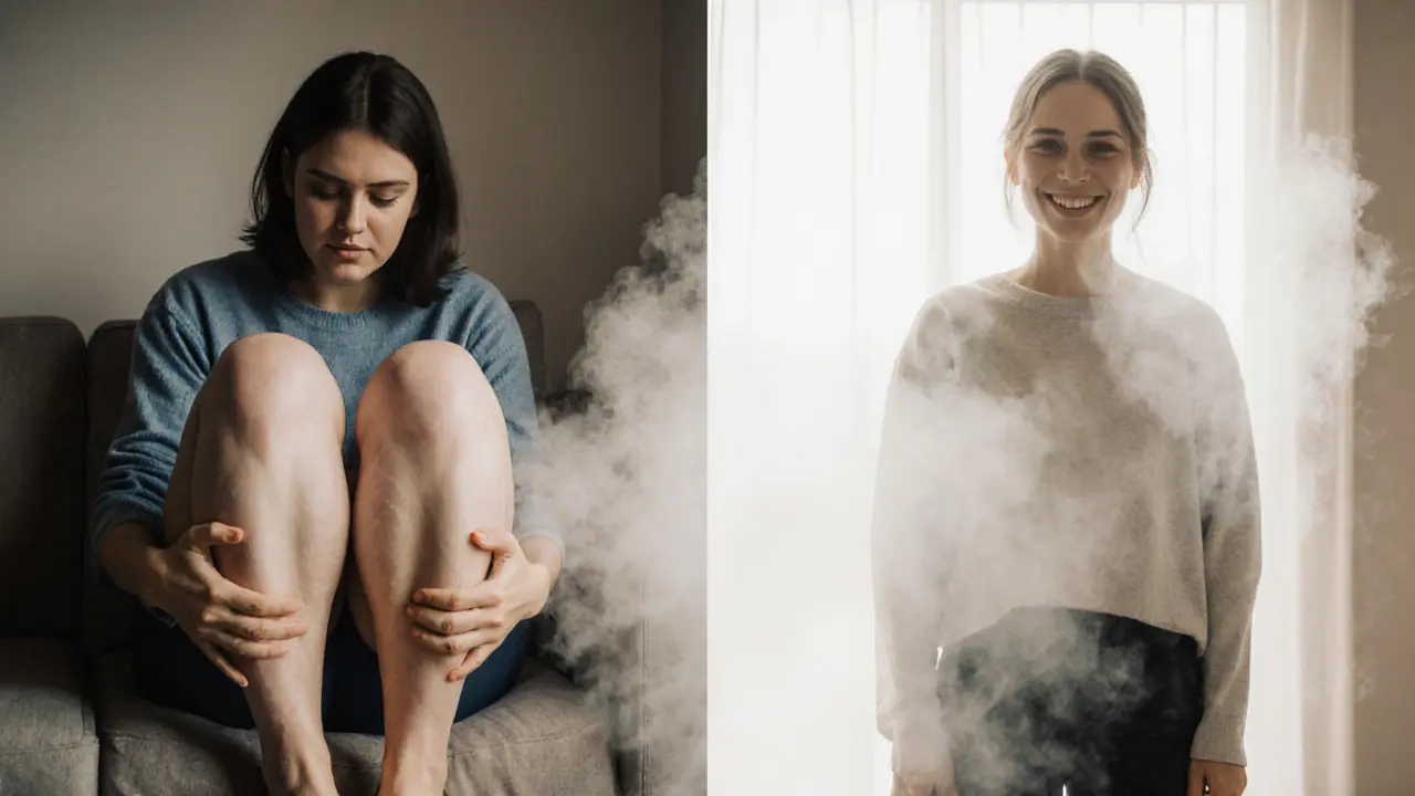 Before-and-after comparison of swollen legs versus reduced puffiness after steam therapy.