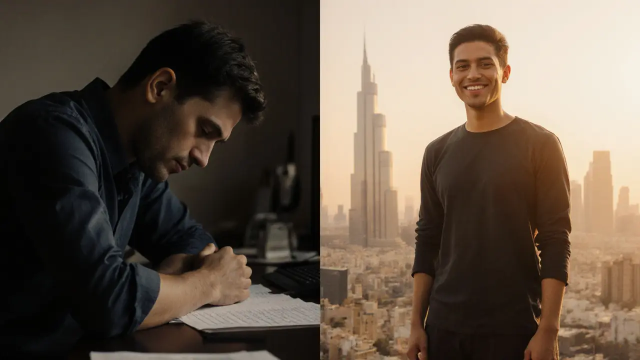 Before and after: tense person at desk versus relaxed person standing tall after Thai massage.