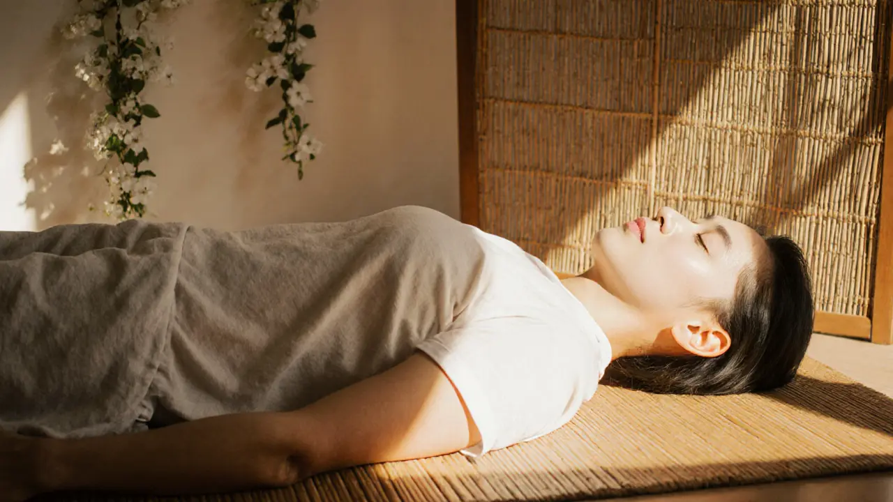 Client lying peacefully on a mat after a body-to-body massage, eyes closed, in loose cotton clothing.