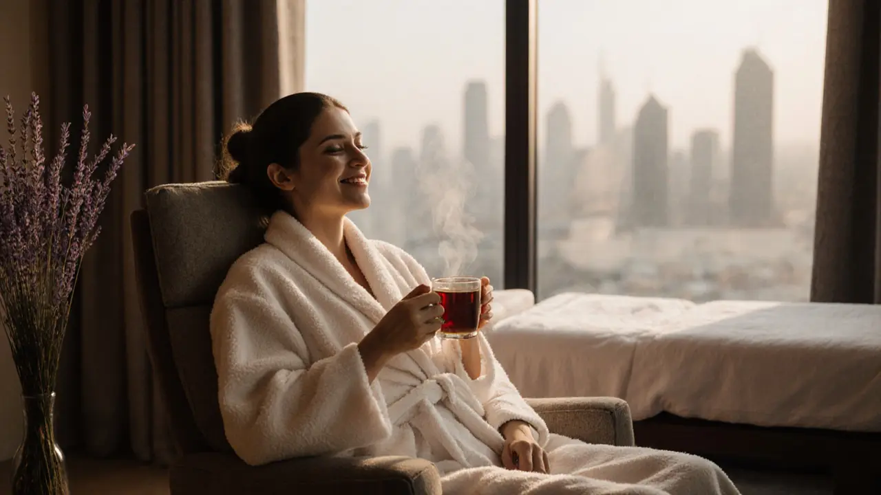 Client relaxed in a robe after massage, sipping herbal tea with Dubai skyline in the distance.