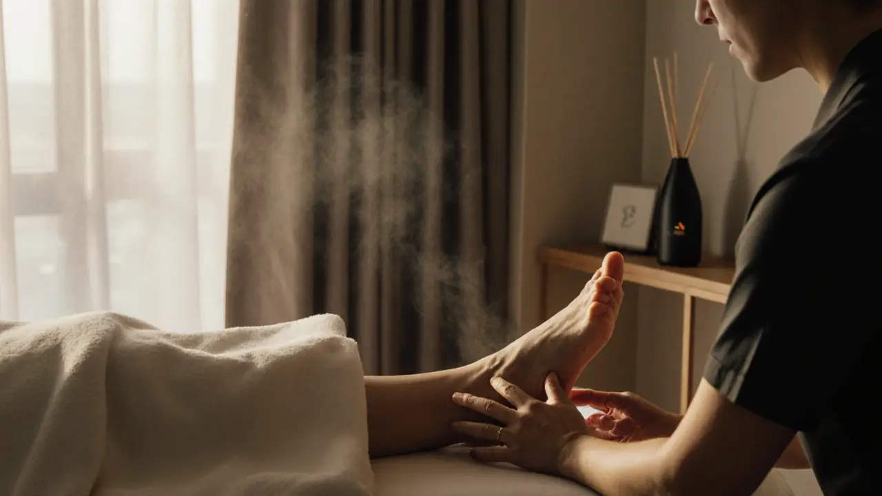 Client relaxing in a dimly lit Dubai spa while receiving foot reflexology.