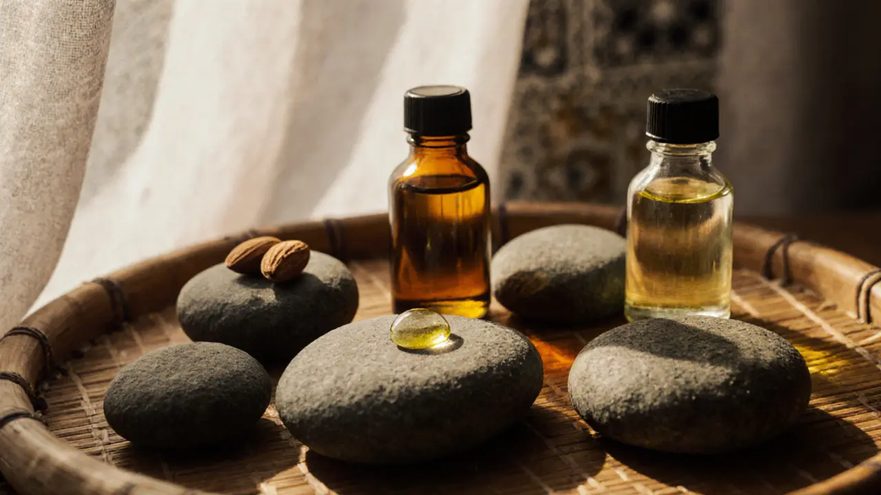 Close-up of aromatic oils and warm stones on a bamboo tray in a spa setting.