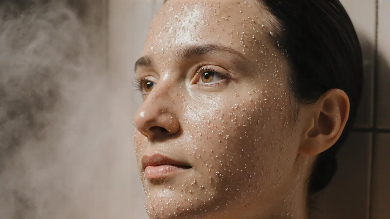Close-up of glowing, dewy skin after a steam session, no makeup.