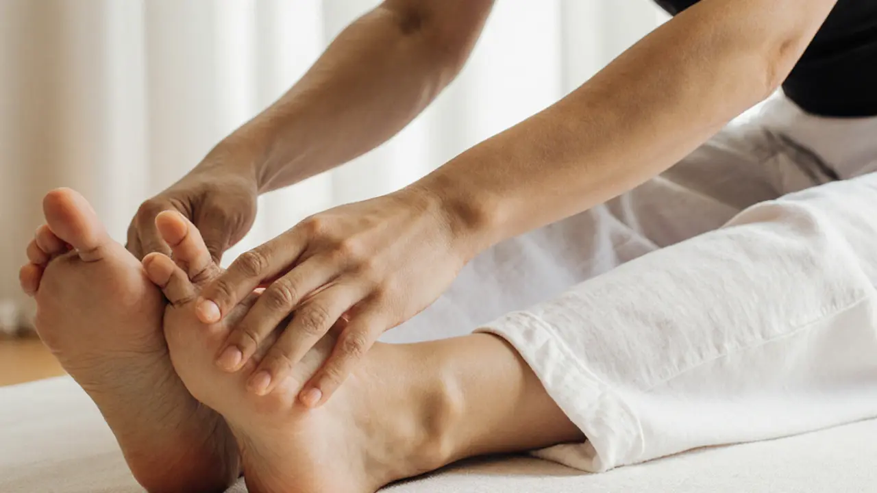 Close-up of hands applying pressure to a foot during a Thai massage, client wearing loose cotton pants.