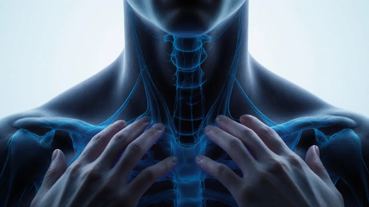Close-up of hands using light circular motions on the collarbone with subtle lymphatic flow lines.