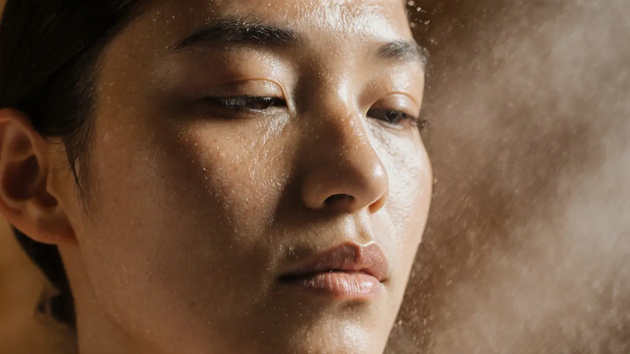 Close-up of moist, glowing skin after a steam session, with water droplets catching the light.