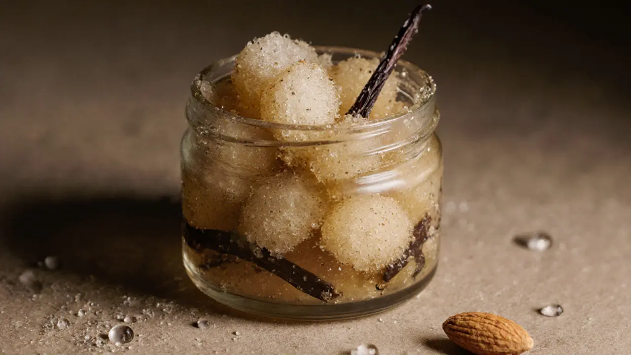 Close-up of sugar-based body scrub with coconut oil and vanilla beans in a glass jar