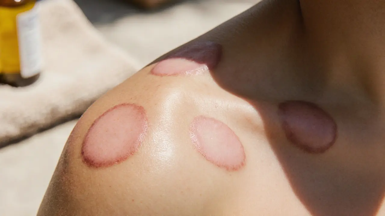 Fading circular cupping marks on shoulder skin with natural lighting
