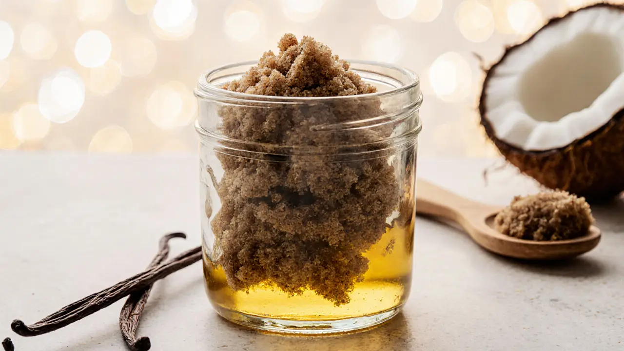 Glass jar of sugar scrub with coconut oil and vanilla beans on a wooden surface.
