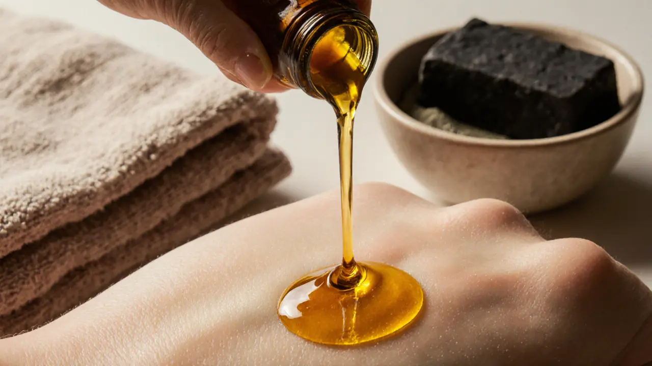 Golden argan oil drizzled on smooth skin beside ceramic bowls of traditional Moroccan scrub products.