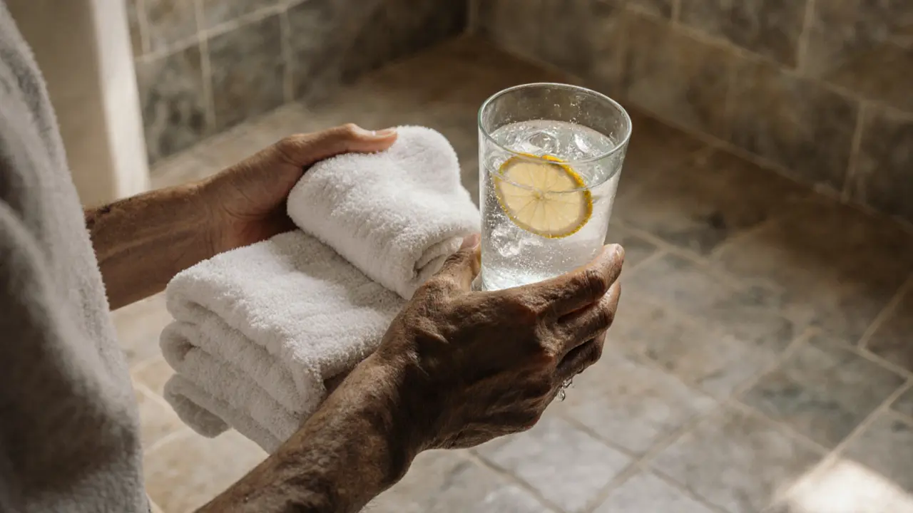 Hands holding a cold towel and a glass of water after a sauna session.