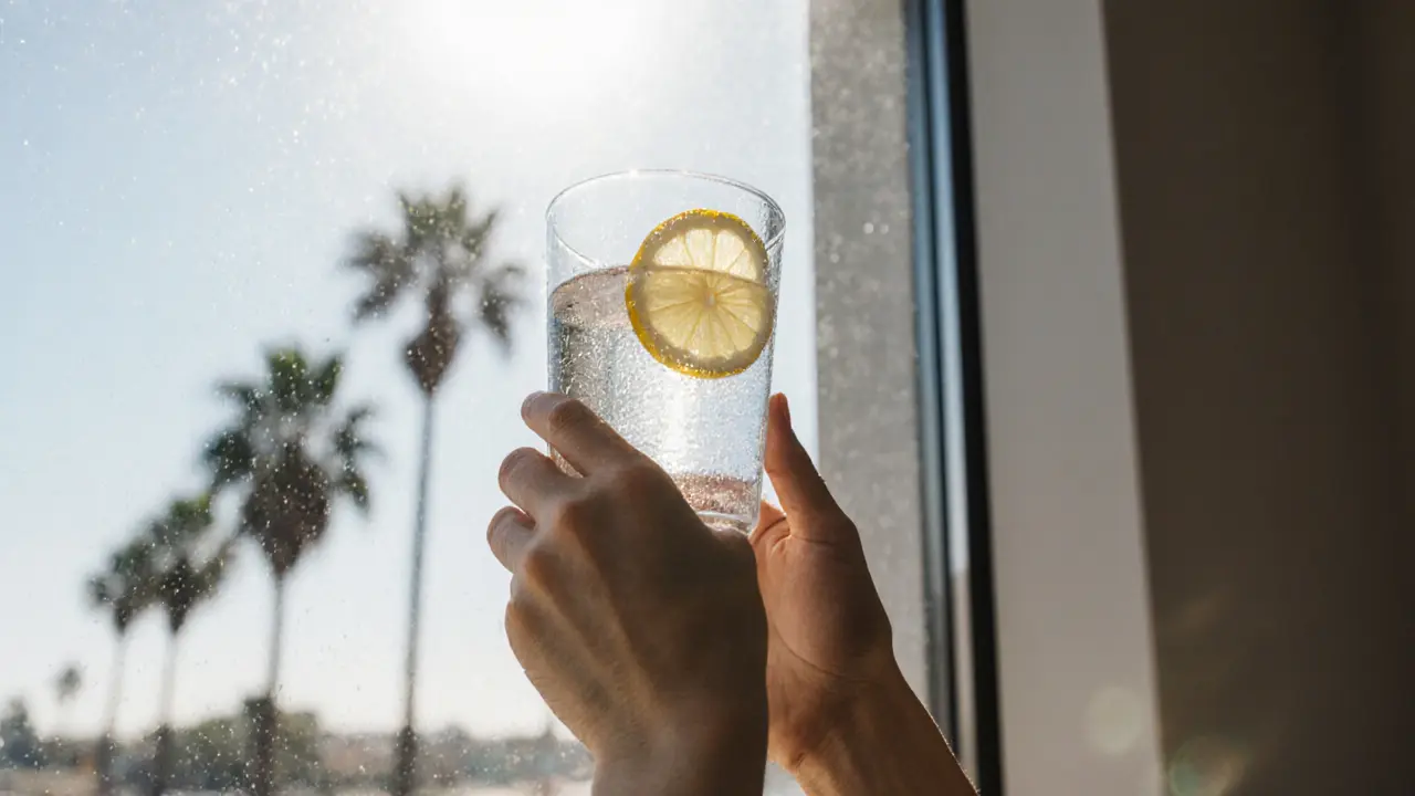 Hands holding a glass of water with lemon slices in sunlight.