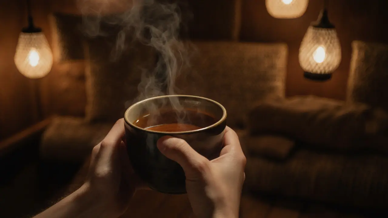 Hands holding a warm herbal tea cup in a quiet, dimly lit spa lounge after a sauna session.