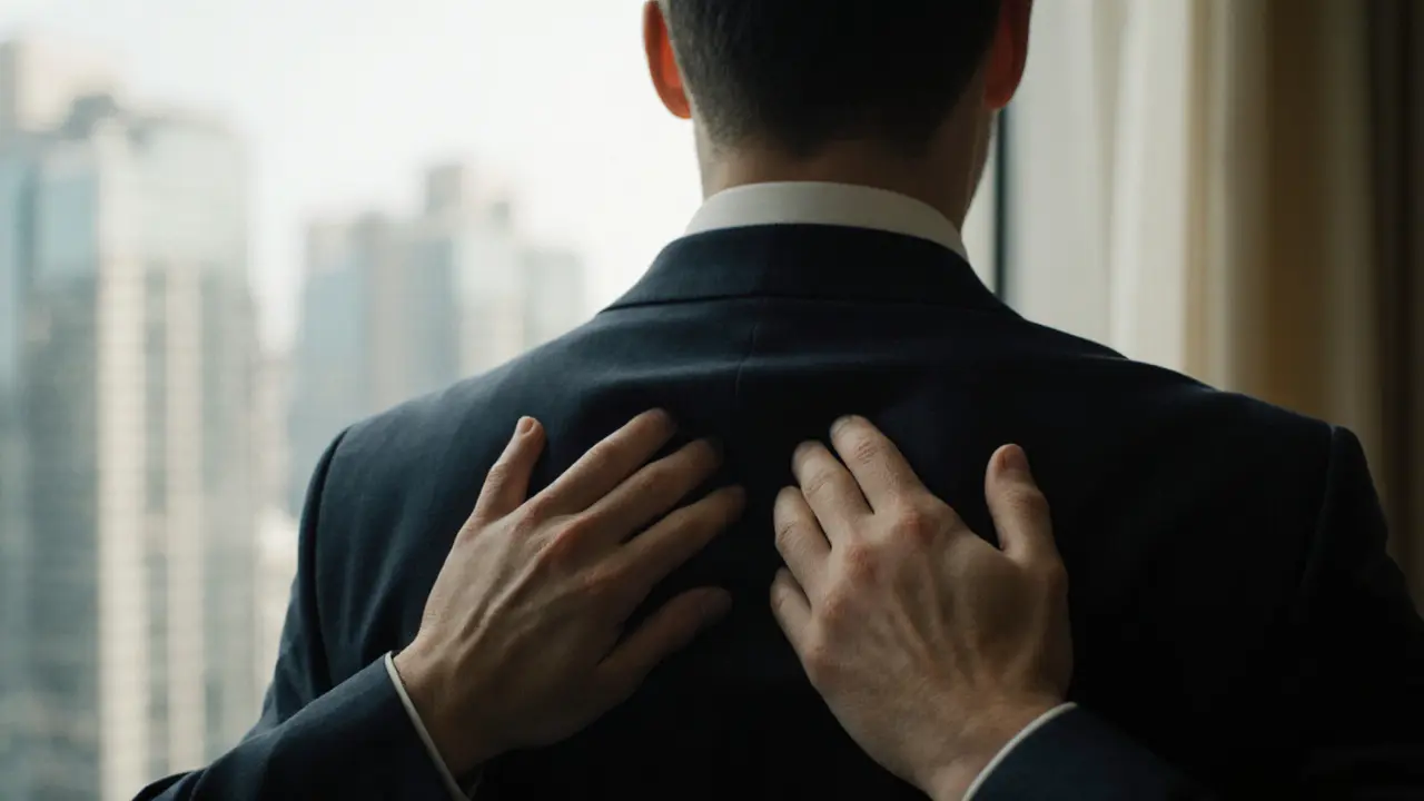 Hands massaging through a suit jacket on a man&#039;s upper back, natural light, blurred luxury hotel background.