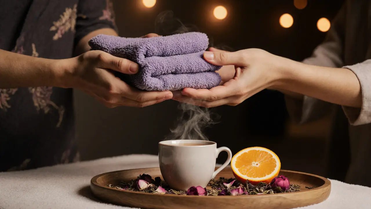 Hands offering a warm towel and herbal tea after a spa treatment.