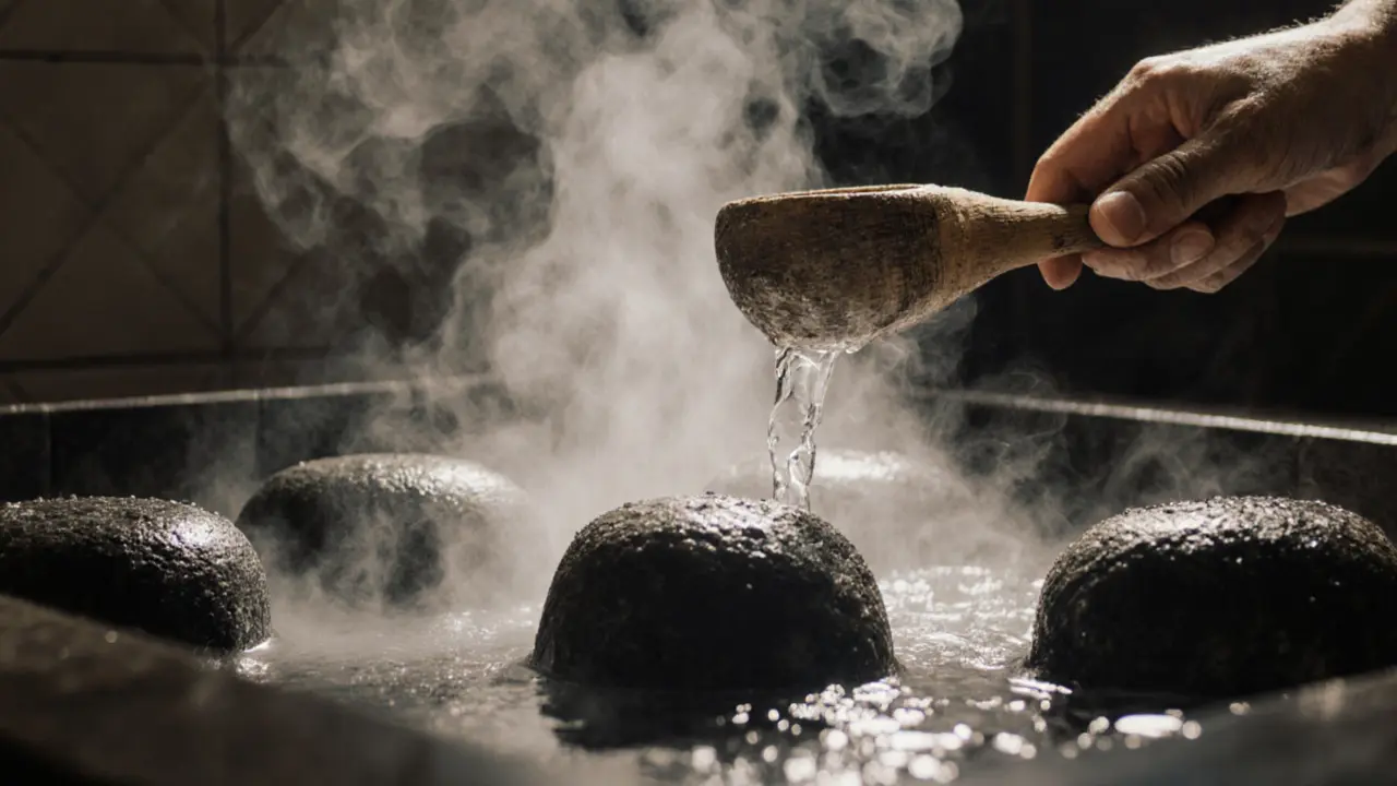 Hands pouring water from a wooden ladle over hot stones, creating a burst of steam in a steam room.
