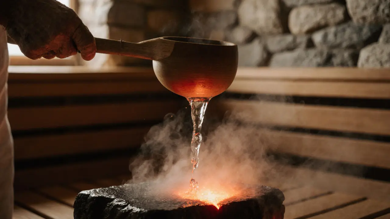 Hands pouring water over glowing sauna stones, creating a burst of steam.