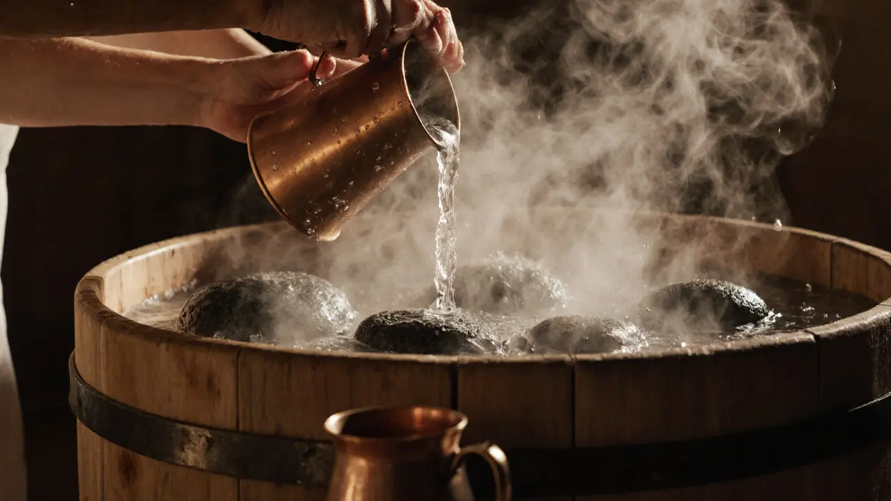 Hands pouring water over hot stones in a steam room, creating billowing steam.