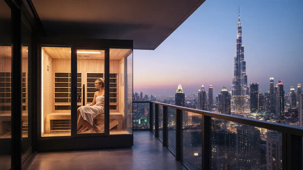 Infrared sauna on a Dubai balcony with city skyline at dusk.