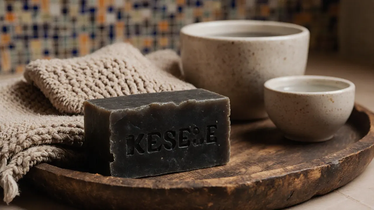 Moroccan black soap and kese glove on a wooden tray beside rosewater