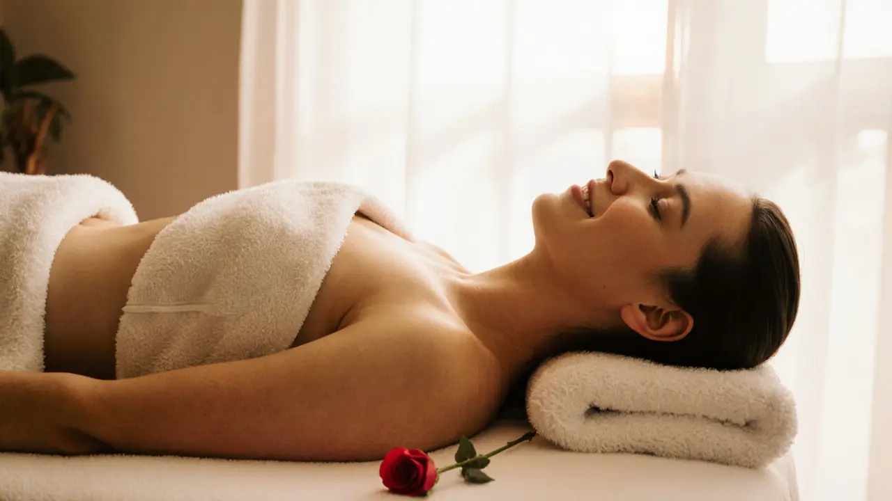 Person lying peacefully on a massage table, covered with a towel, smiling in relaxation.