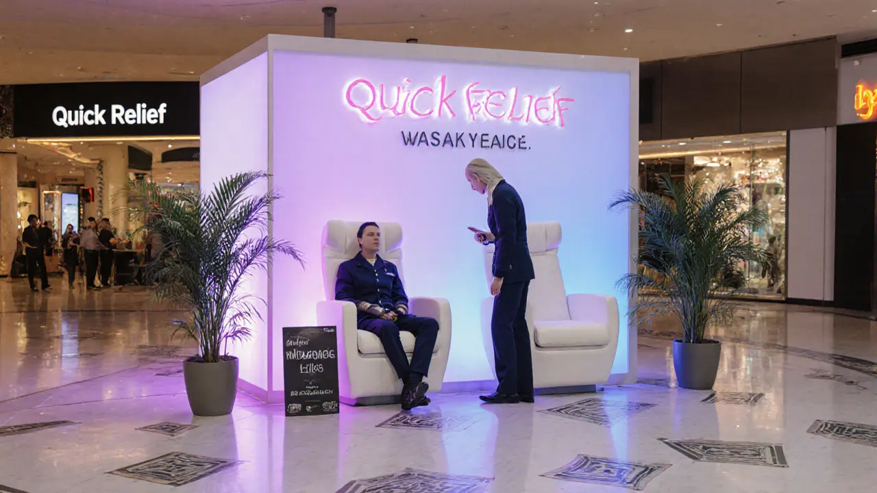 Pop-up massage station in Dubai Mall with two chairs and a professional therapist in uniform.