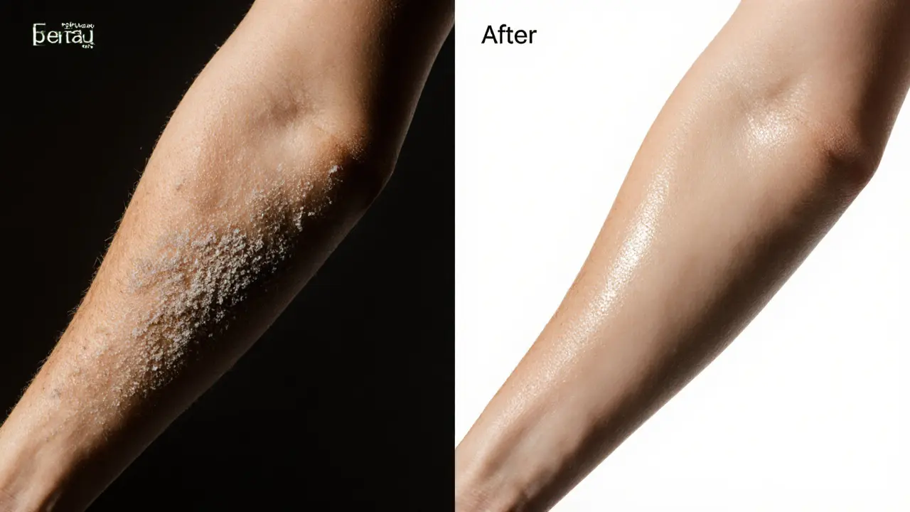 Side-by-side comparison of rough versus smooth skin texture on an elbow.