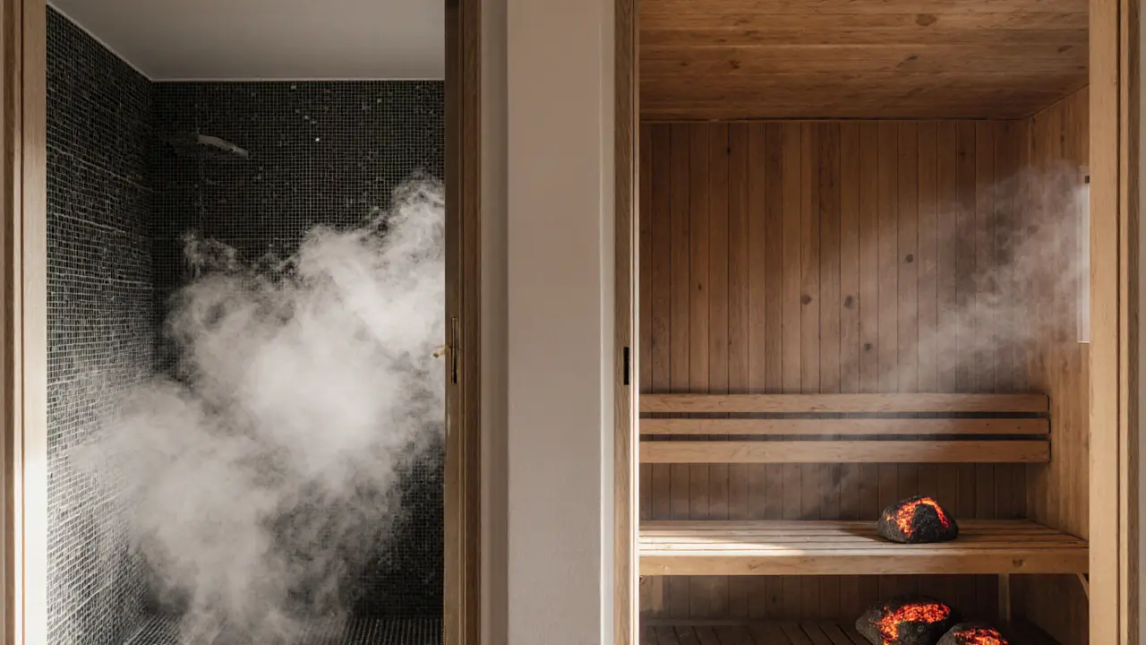 Side-by-side comparison of steam room and sauna interiors showing moist vs. dry heat.