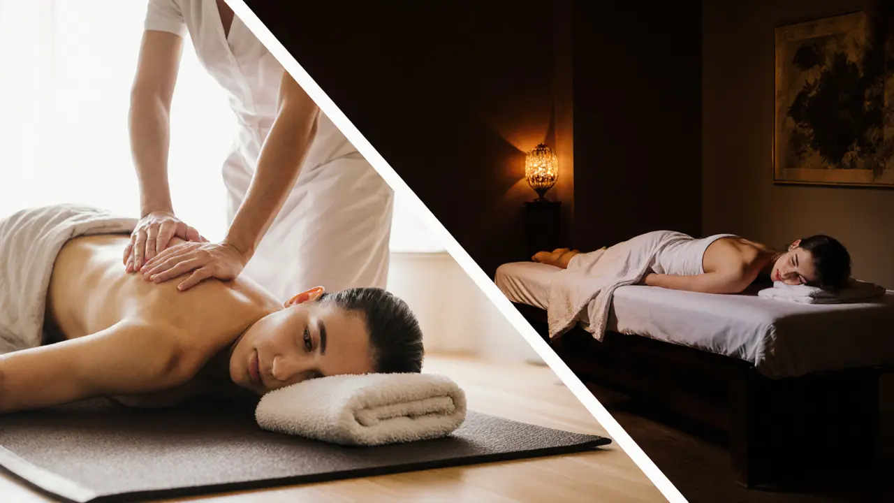 Side-by-side: Thai massage on floor with clothing vs. Swedish massage on table with towel draping.
